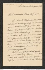 Nachlass Franz Steindachner, Brief von Josef Szombathy an Franz Steindachner (08.08.1906), Inv.Nr. 534.08, Seite 1
